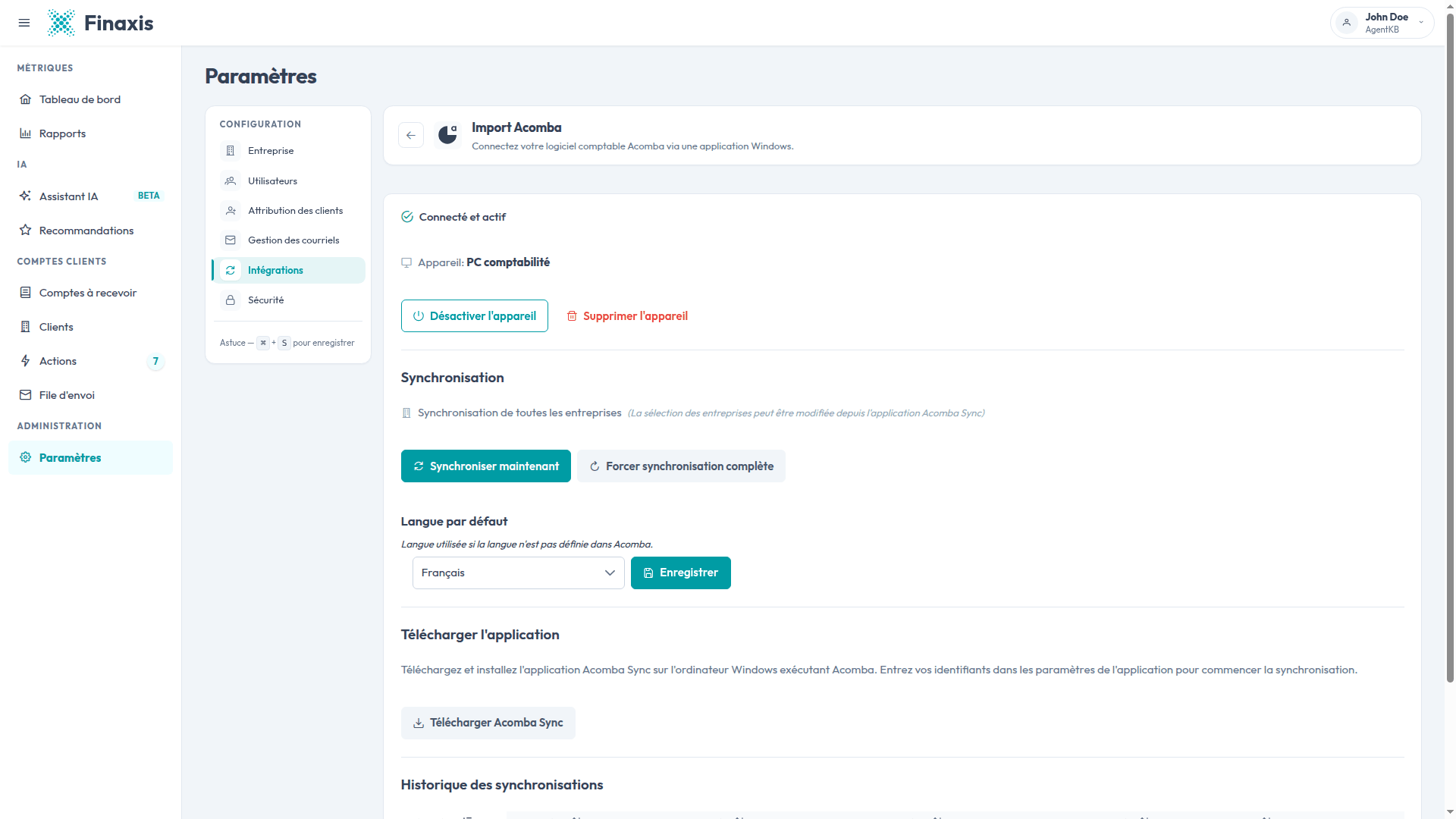 La page Import Acomba avec un appareil connecté, les contrôles de synchronisation, la langue par défaut et le bouton Télécharger Acomba Sync.