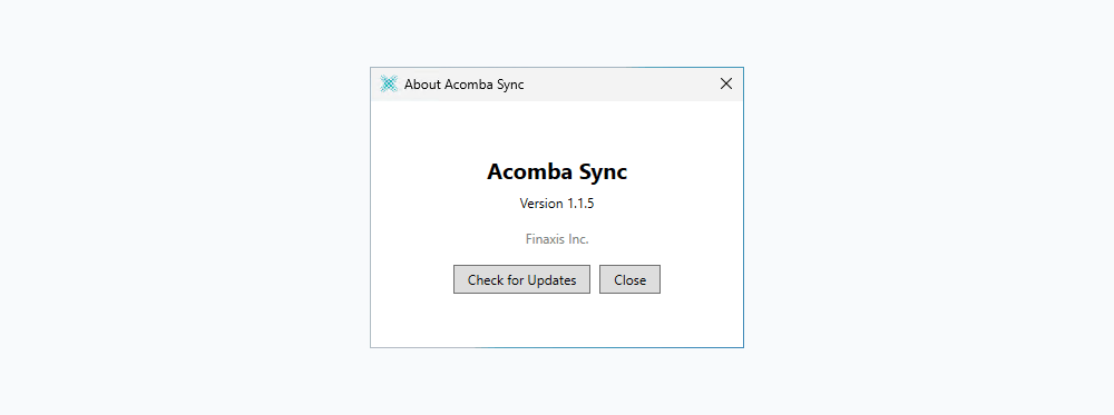 La fenêtre About d'Acomba Sync, avec la version installée et le bouton Check for Updates.