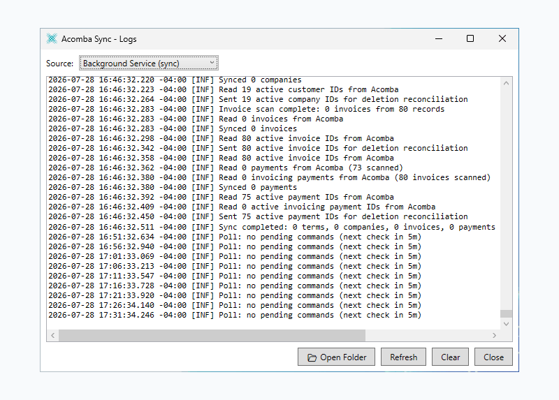 La fenêtre des journaux d'Acomba Sync, avec le sélecteur de source, les lignes de synchronisation et les boutons Open Folder, Refresh, Clear et Close.