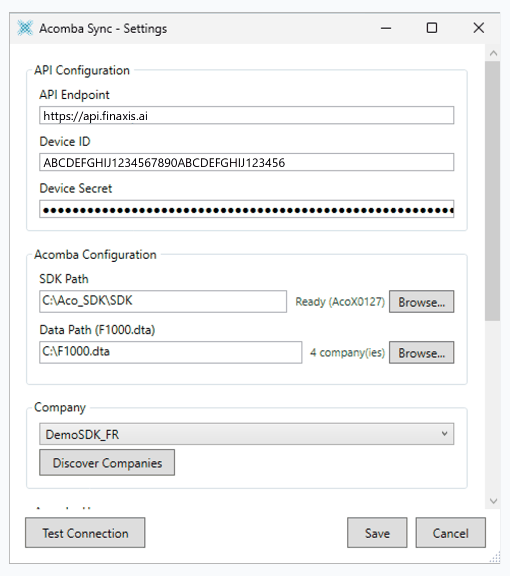 La fenêtre Settings d'Acomba Sync, avec l'adresse de l'API, l'identifiant et le secret de l'appareil, les chemins du SDK et des données Acomba, et le sélecteur d'entreprise.