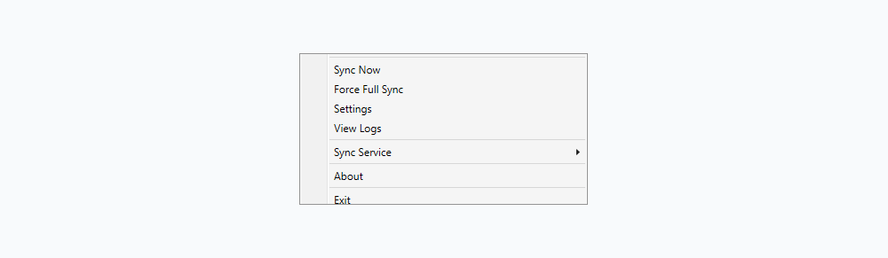 The Acomba Sync menu in the Windows taskbar, with Sync Now, Force Full Sync, Settings, View Logs, About, and Exit.