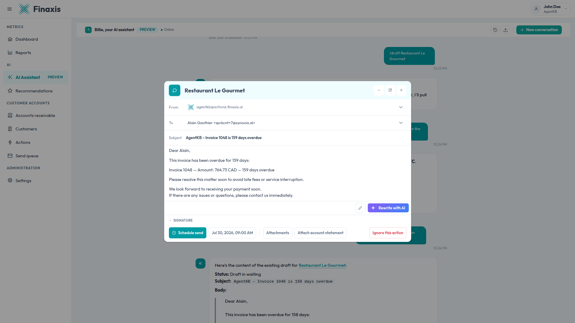 A collection email prepared by the Finaxis AI assistant, open in the review panel with the sender and recipient fields, the message body, the Rewrite with AI button, and the Schedule send button.