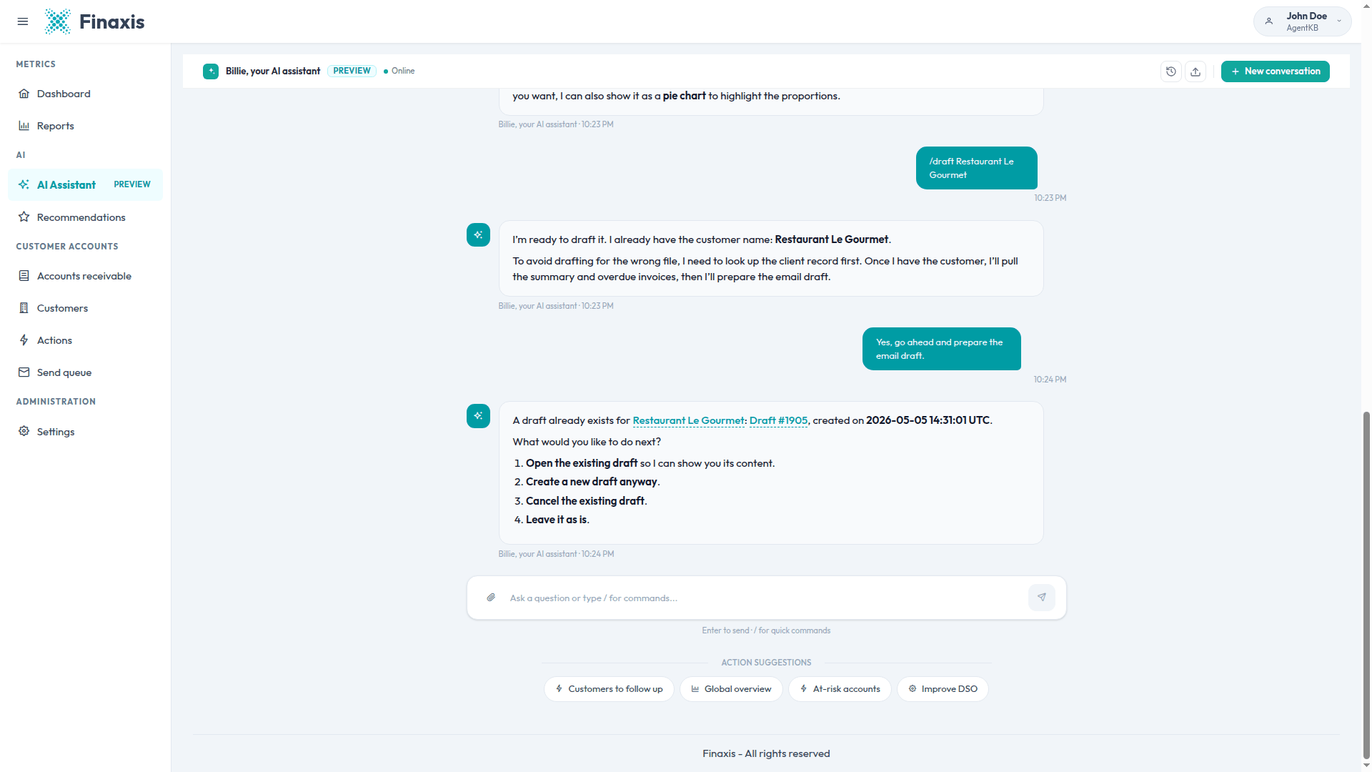 The Finaxis AI assistant reporting that a draft already exists for a customer, with the options to open it, create a new one, cancel it, or leave it as is.