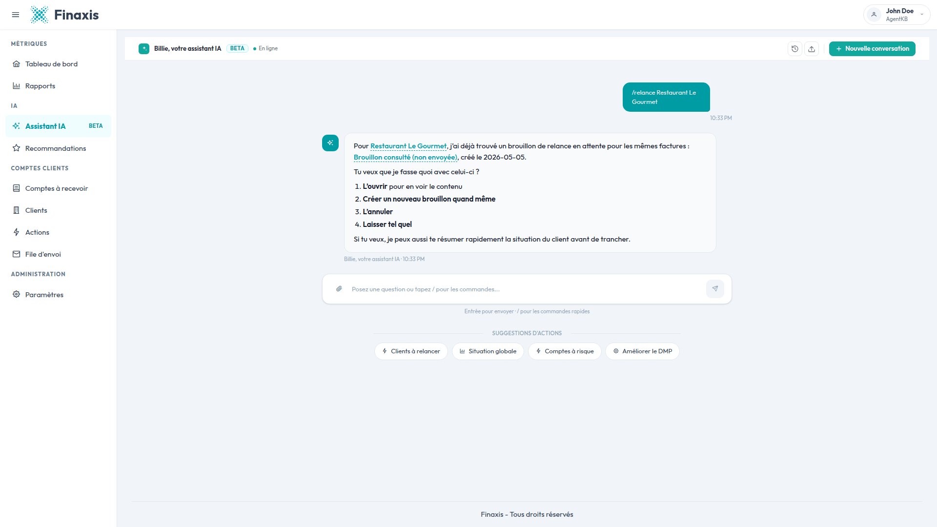 L'assistant IA de Finaxis signalant qu'un brouillon existe déjà pour un client, avec les options de l'ouvrir, d'en créer un nouveau, de l'annuler ou de le laisser tel quel.