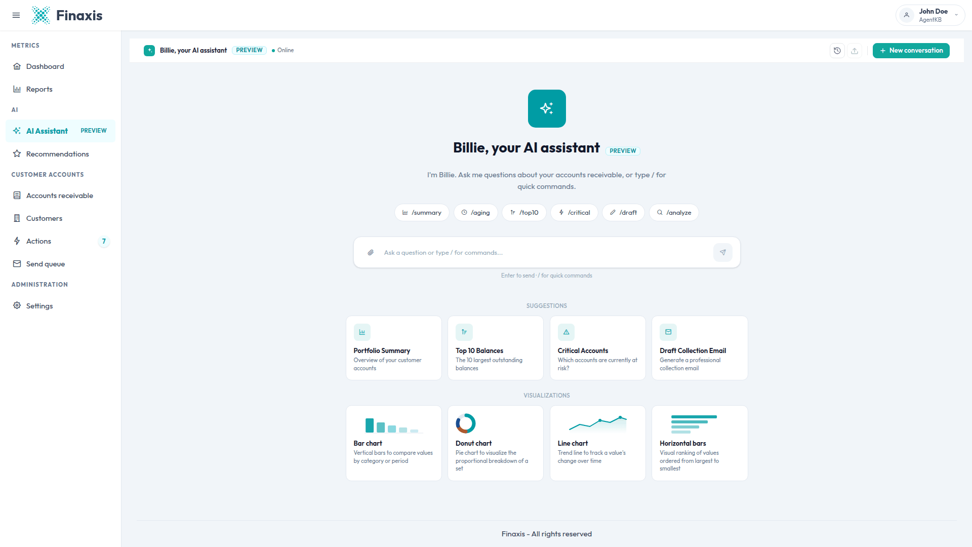 The AI assistant welcome screen in Finaxis, with the quick command pills, the suggestion cards, and the question field.