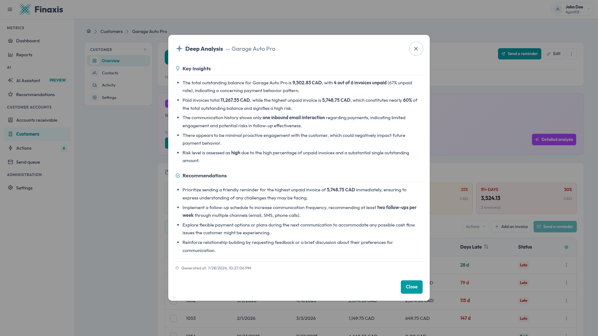 The AI analysis window of a customer in Finaxis, with the Key Insights section, the Recommendations section, and the generation timestamp.