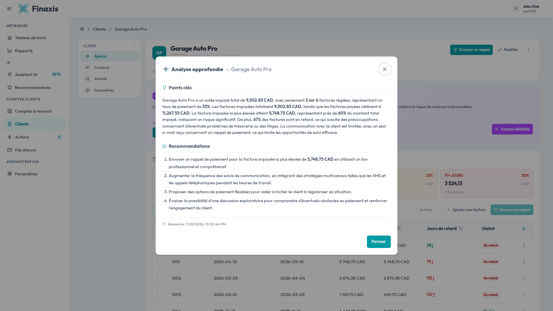 La fenêtre d'analyse IA d'un client dans Finaxis, avec la section Points clés, la section Recommandations et l'heure de génération.