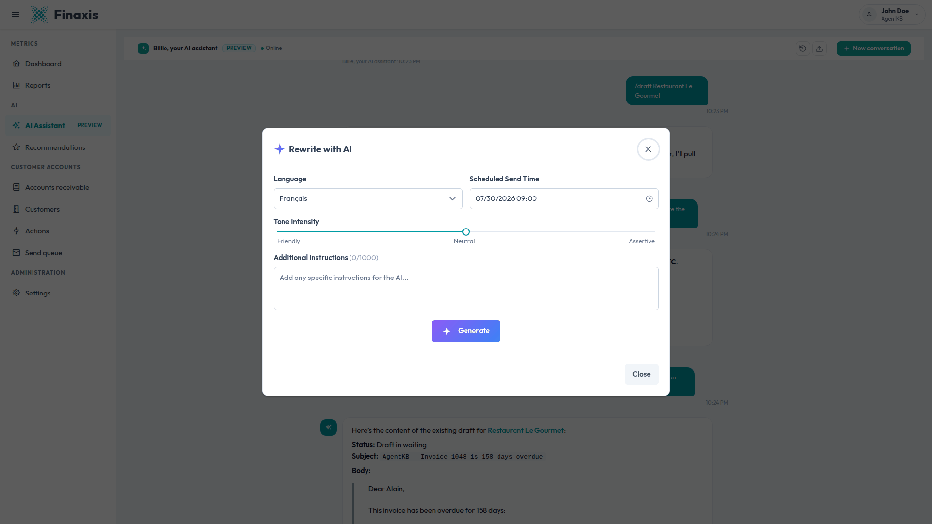 The Rewrite with AI window in Finaxis, with the language selector, the scheduled send time, the tone intensity slider, and the additional instructions field.