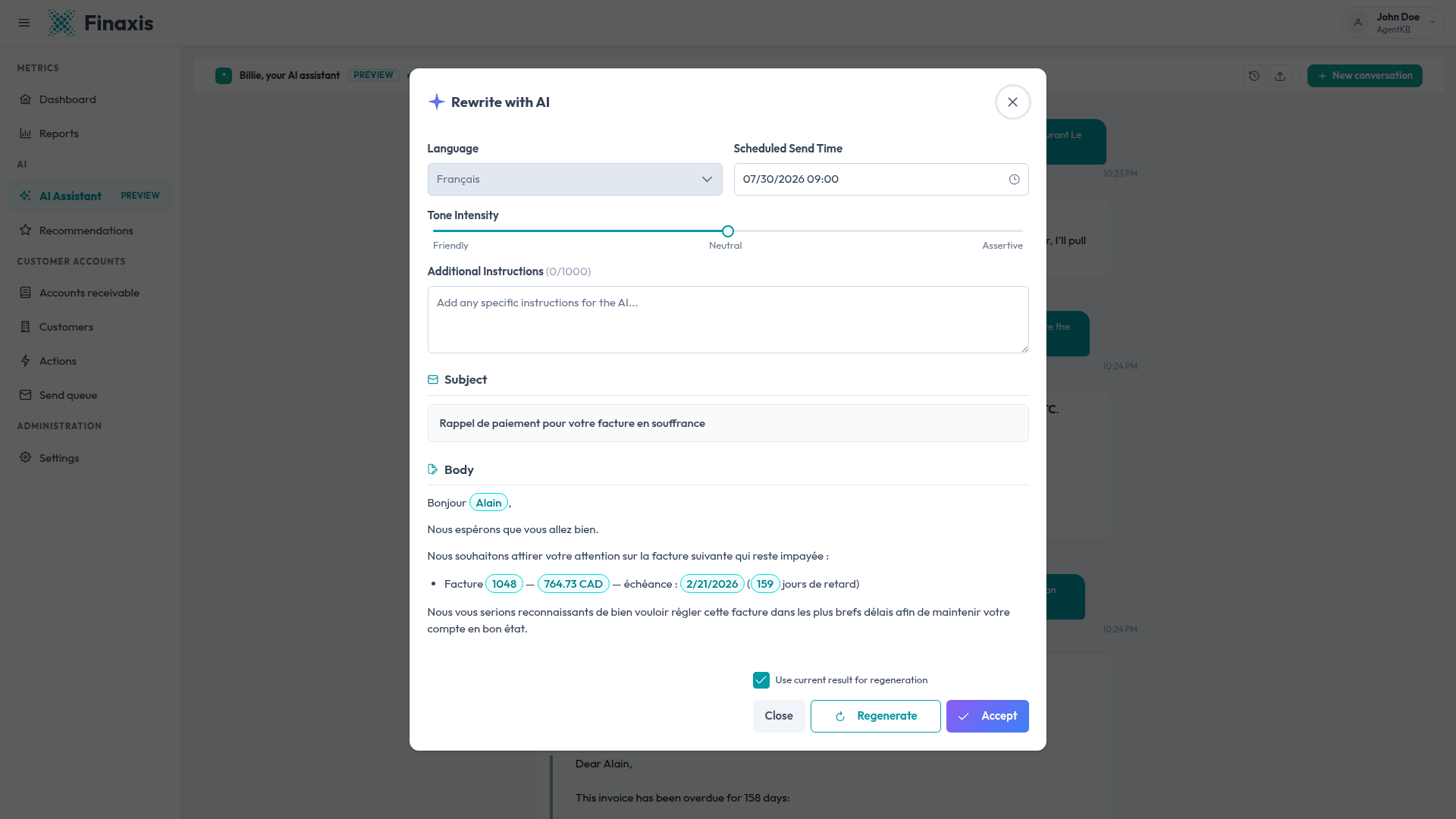 A reminder rewritten by AI in Finaxis, showing the proposed subject and body with the invoice numbers, amounts, and due dates highlighted as values.