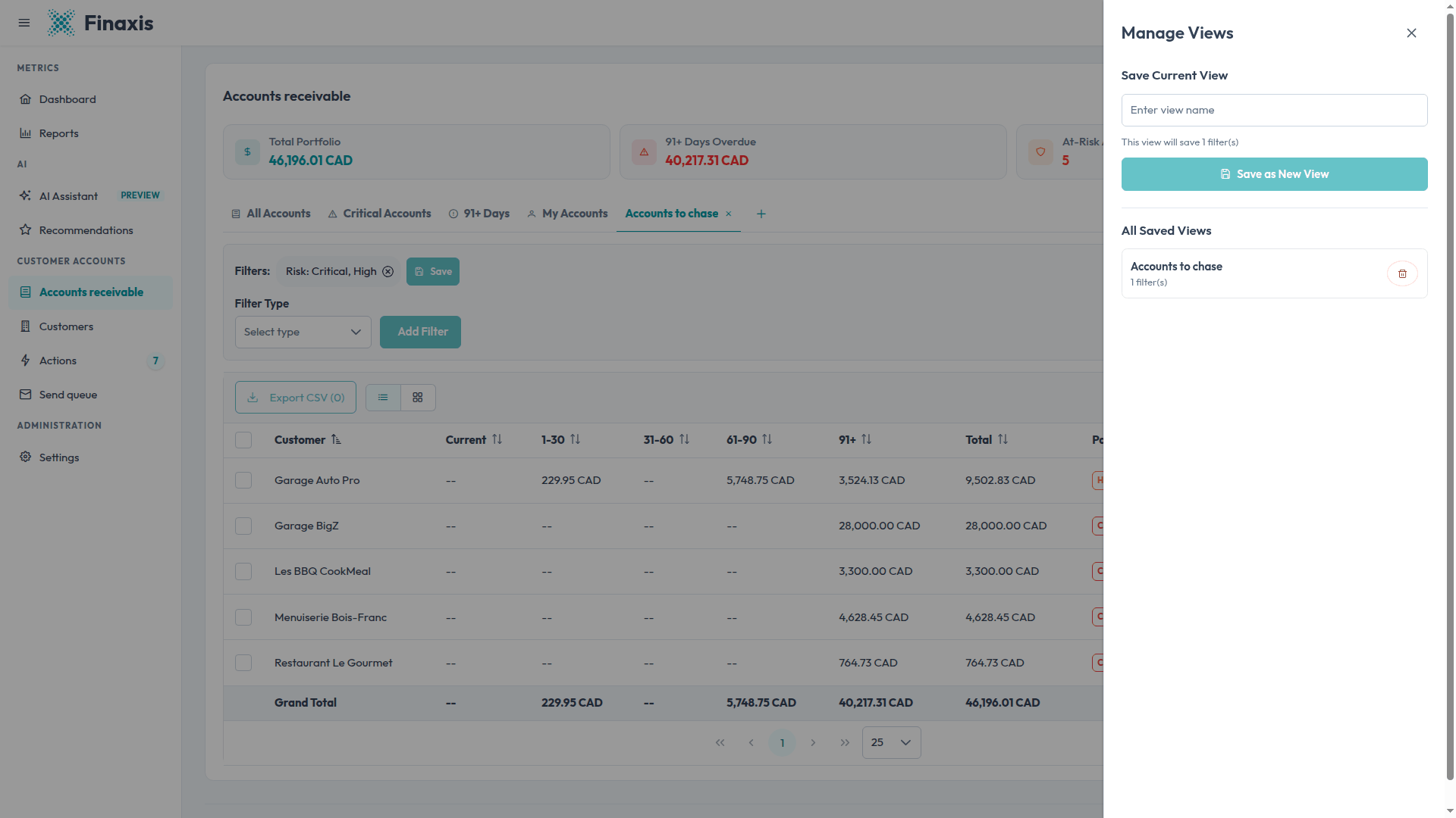The Manage Views panel open beside the accounts receivable list, with a name field, a Save as New View button, and one saved view listed below.