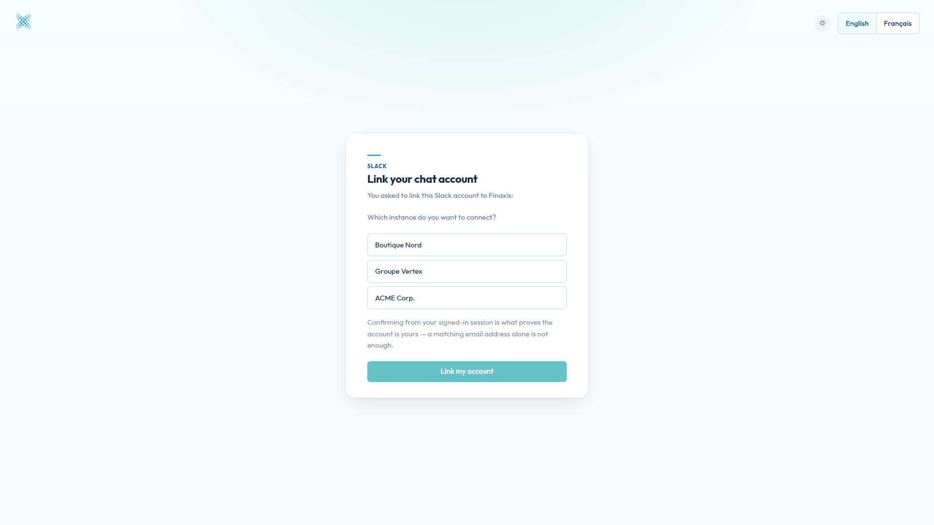 The Finaxis linking page listing the instances the account can connect to, with the Link my account button below.
