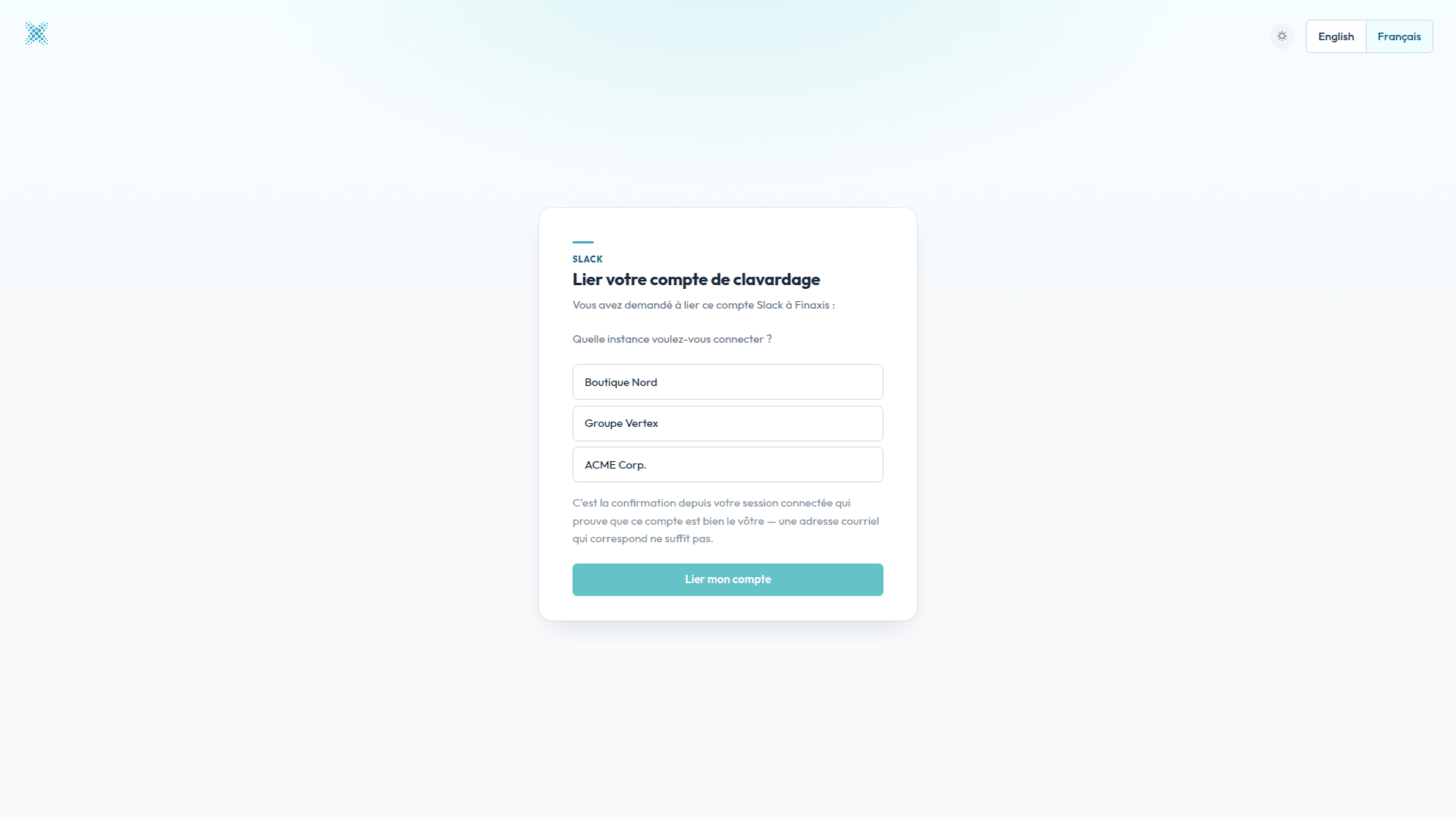 La page de liaison Finaxis avec la liste des instances que le compte peut connecter, et le bouton Lier mon compte en dessous.