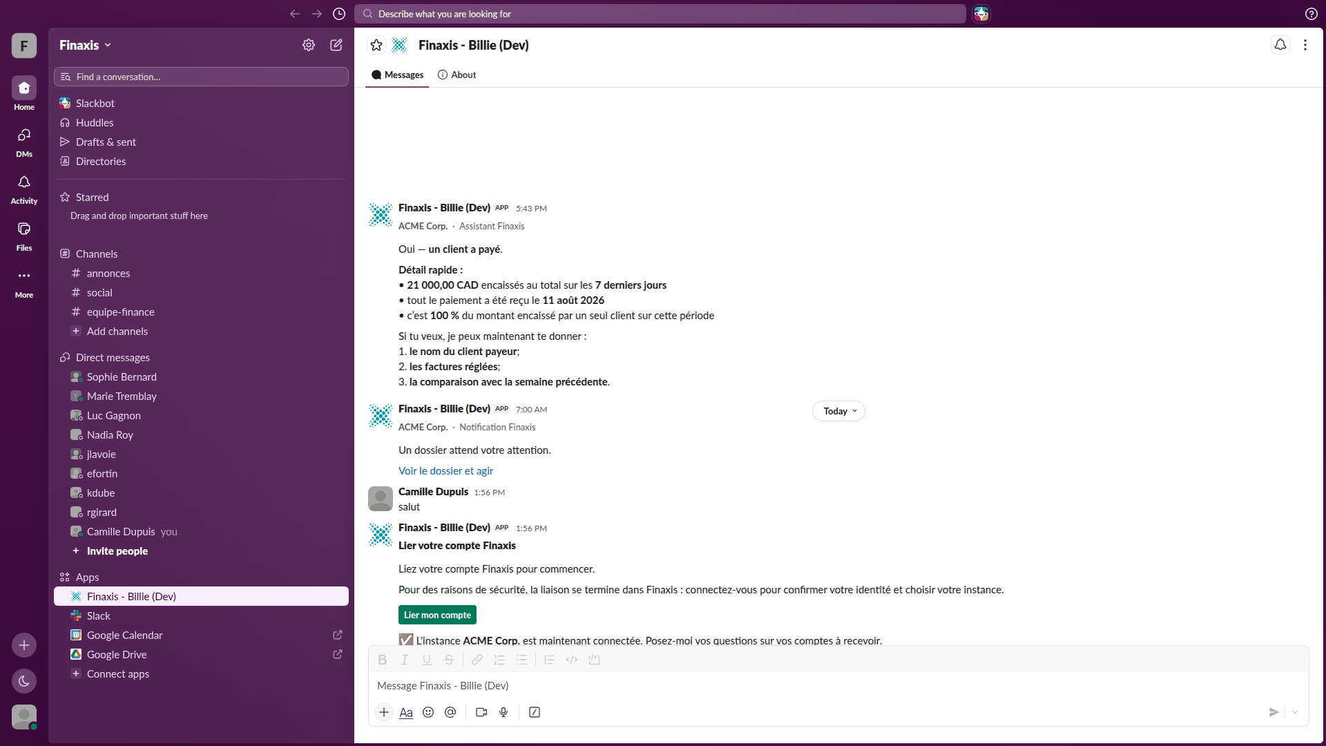 La conversation Finaxis dans Slack qui confirme que l'instance ACME Corp. est connectée et invite à poser des questions sur les comptes à recevoir.