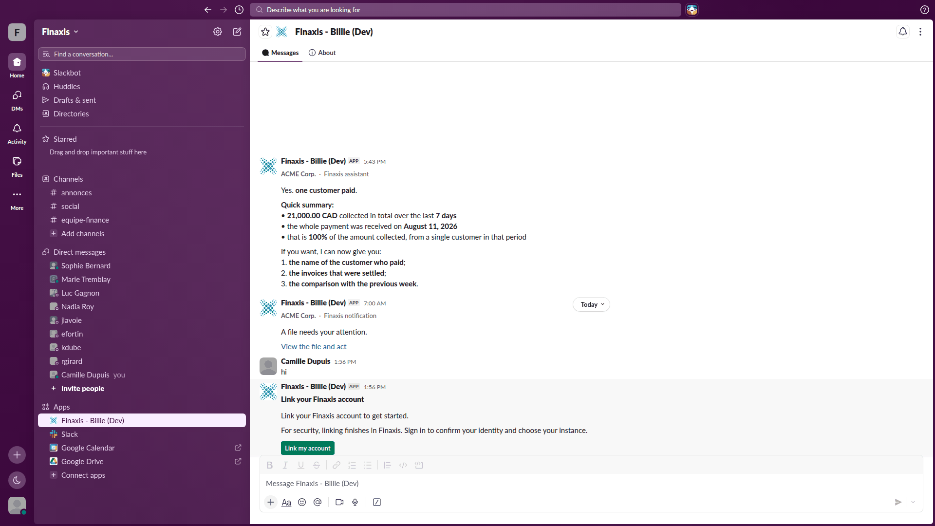 The Finaxis conversation in Slack showing the card that invites you to link your Finaxis account, with the Link my account button.