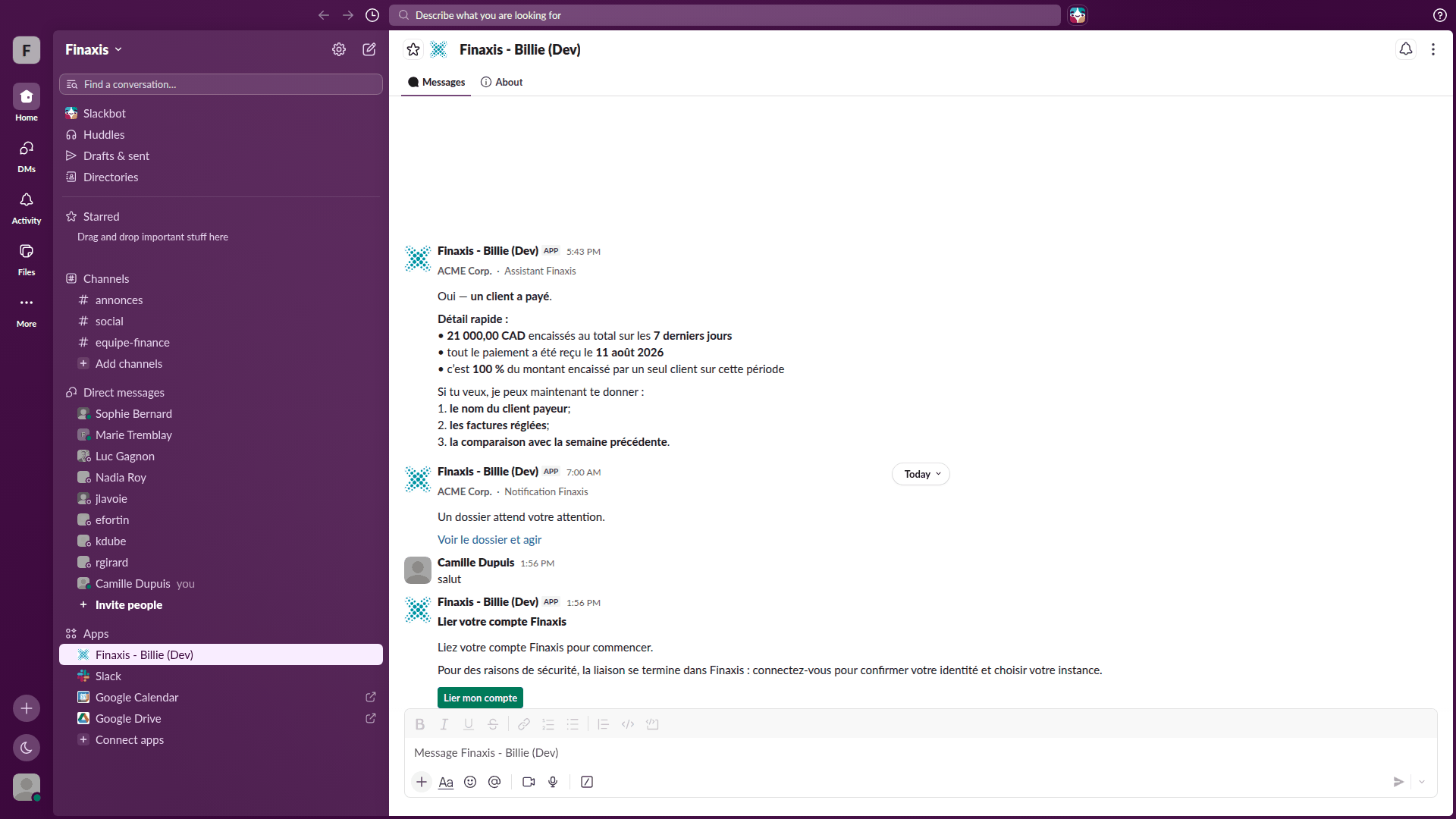 La conversation Finaxis dans Slack, avec la carte qui invite à lier votre compte Finaxis et son bouton Lier mon compte.