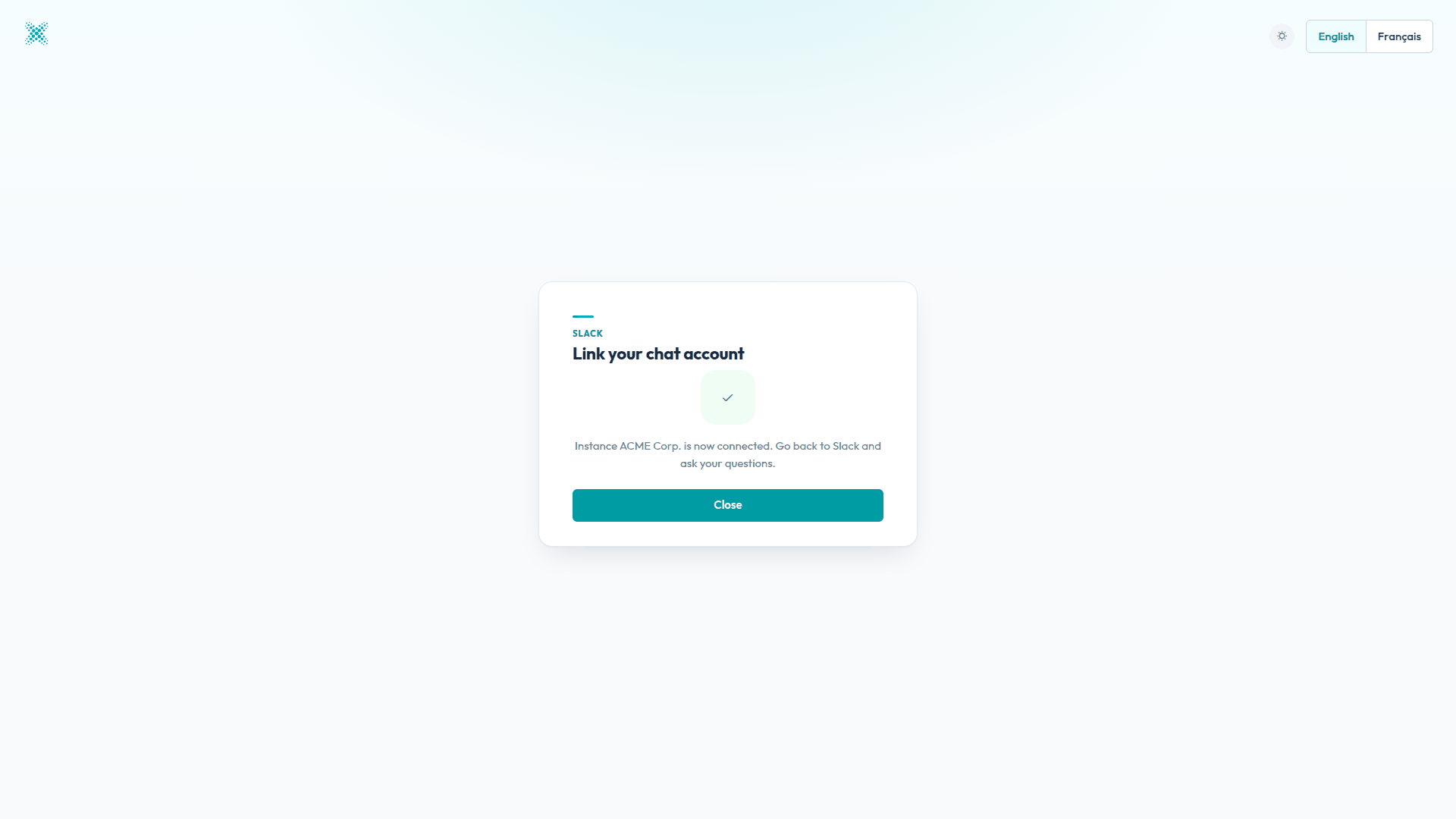 The Finaxis linking page confirming that the ACME Corp. instance is now connected.