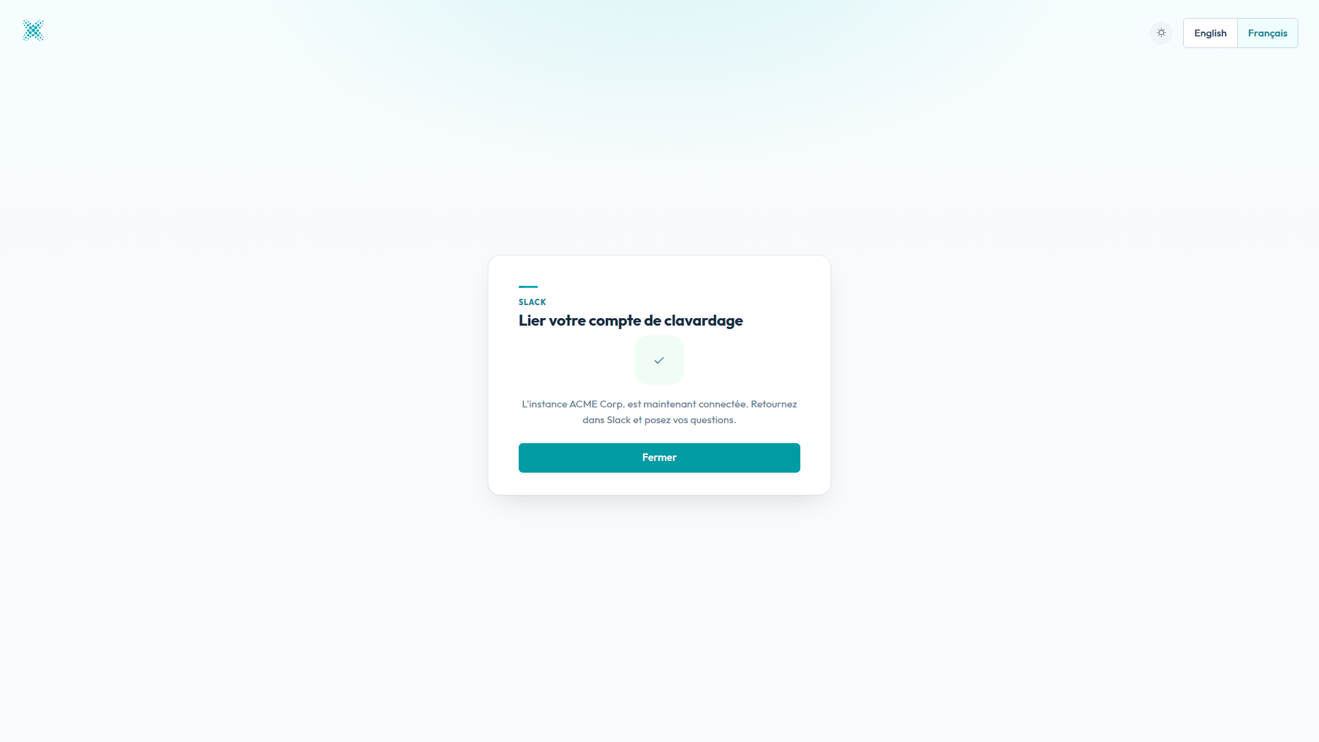 La page de liaison Finaxis qui confirme que l'instance ACME Corp. est maintenant connectée.
