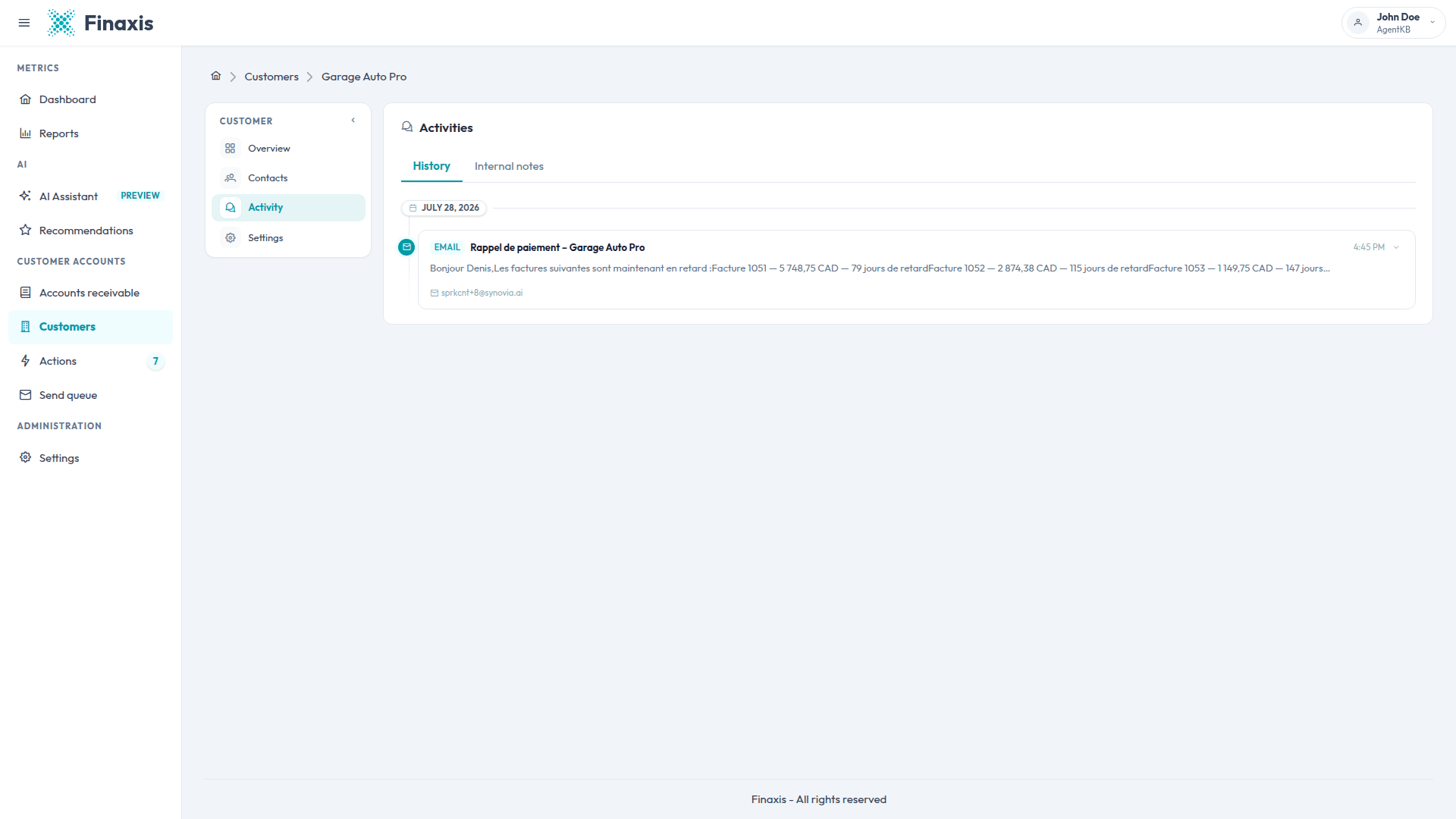The History timeline of a customer in Finaxis, showing a sent payment reminder email with its time and recipient.