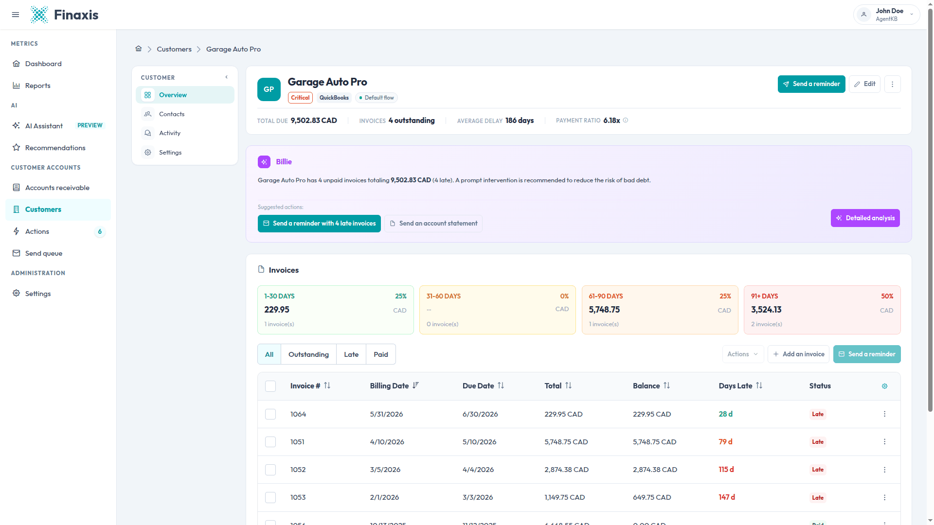 A customer page in Finaxis with the Billie panel, its summary of unpaid invoices, the suggested actions, and the Detailed analysis button.