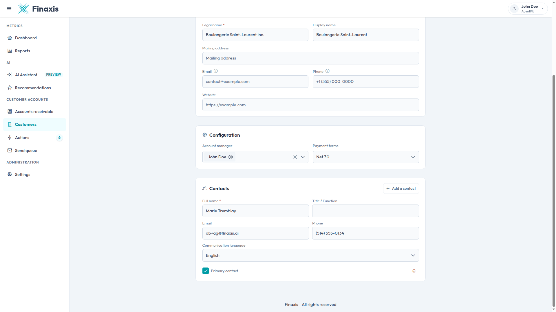 The Contacts section of the Finaxis customer edit page, with the full name, title, email, phone, communication language, and primary contact fields.