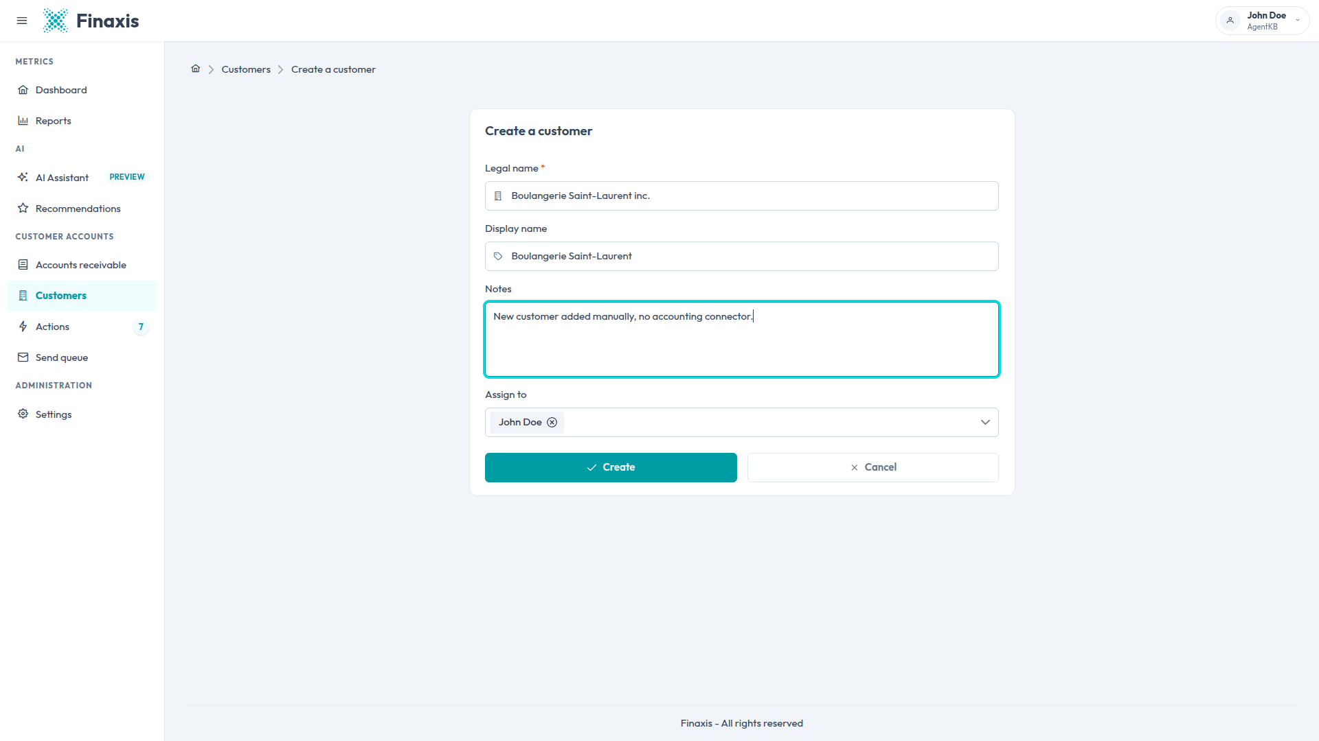 The Create a customer form in Finaxis, with the legal name, display name, notes, and assign to fields filled in.