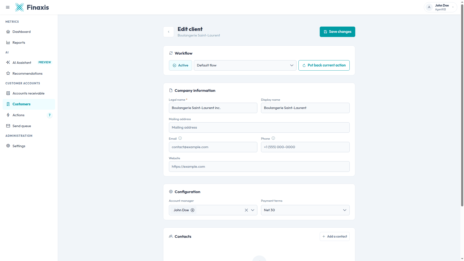 The Edit client page in Finaxis, with the Workflow, Company information, Configuration, and Contacts sections.