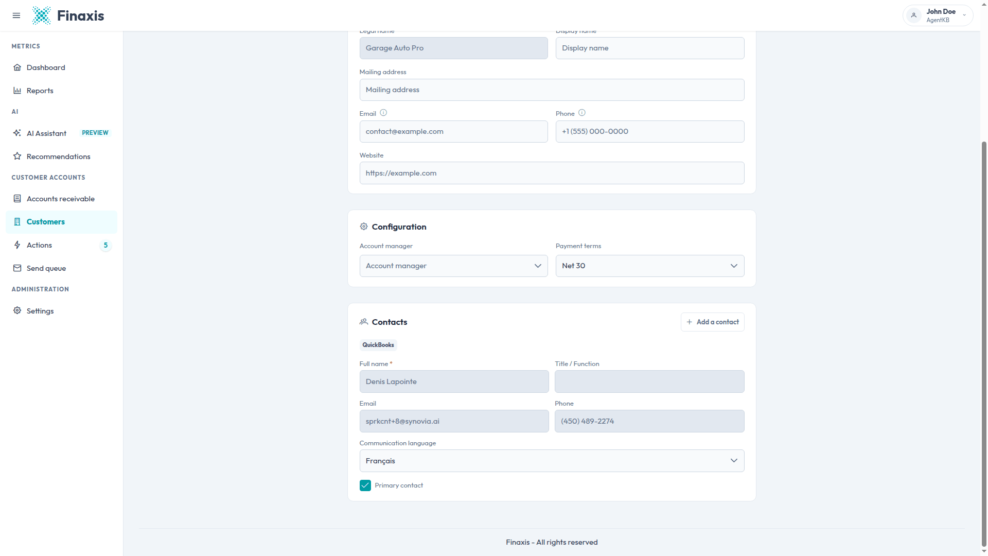 A QuickBooks contact on the Finaxis customer edit page, with the name, email, and phone fields greyed out and the communication language still editable.
