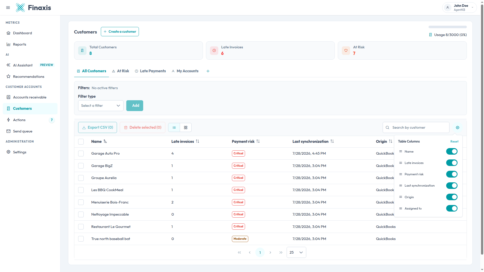 The Table Columns panel of the Finaxis customer list, with switches for name, late invoices, payment risk, last synchronization, origin, and assigned to.