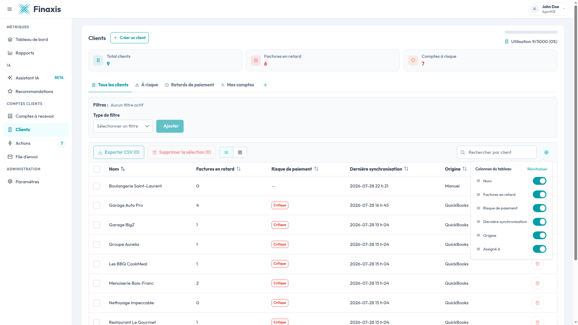Le panneau Colonnes du tableau de la liste des clients Finaxis, avec les interrupteurs pour le nom, les factures en retard, le risque de paiement, la dernière synchronisation, l'origine et l'assignation.