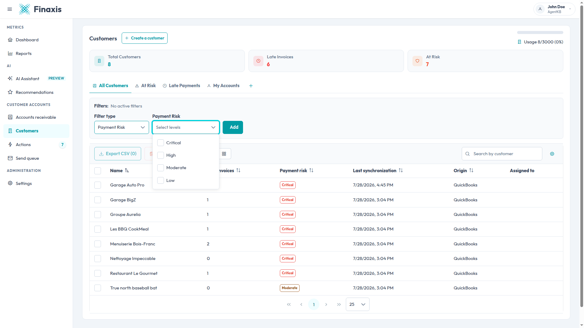 The customer list filter panel, with the Payment Risk filter selected and the Critical, High, Moderate, and Low levels listed.