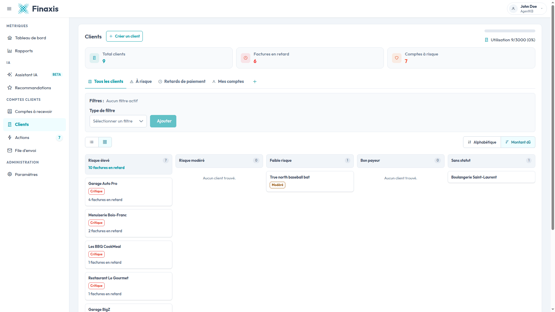 La vue kanban de la liste des clients Finaxis, avec les clients répartis dans les colonnes Risque élevé, Risque modéré, Faible risque, Bon payeur et Sans statut.