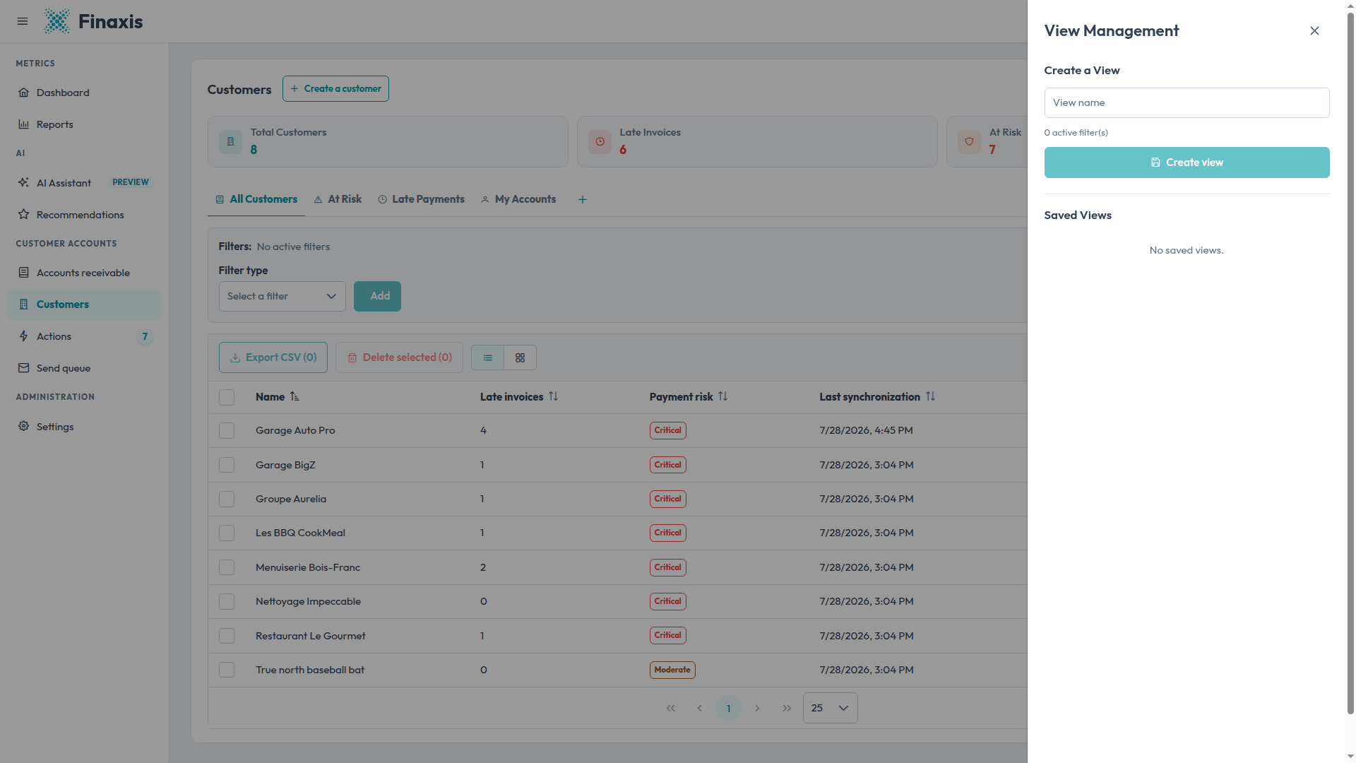 The View Management panel of the Finaxis customer list, with the view name field, the active filter count, and the Create view button.