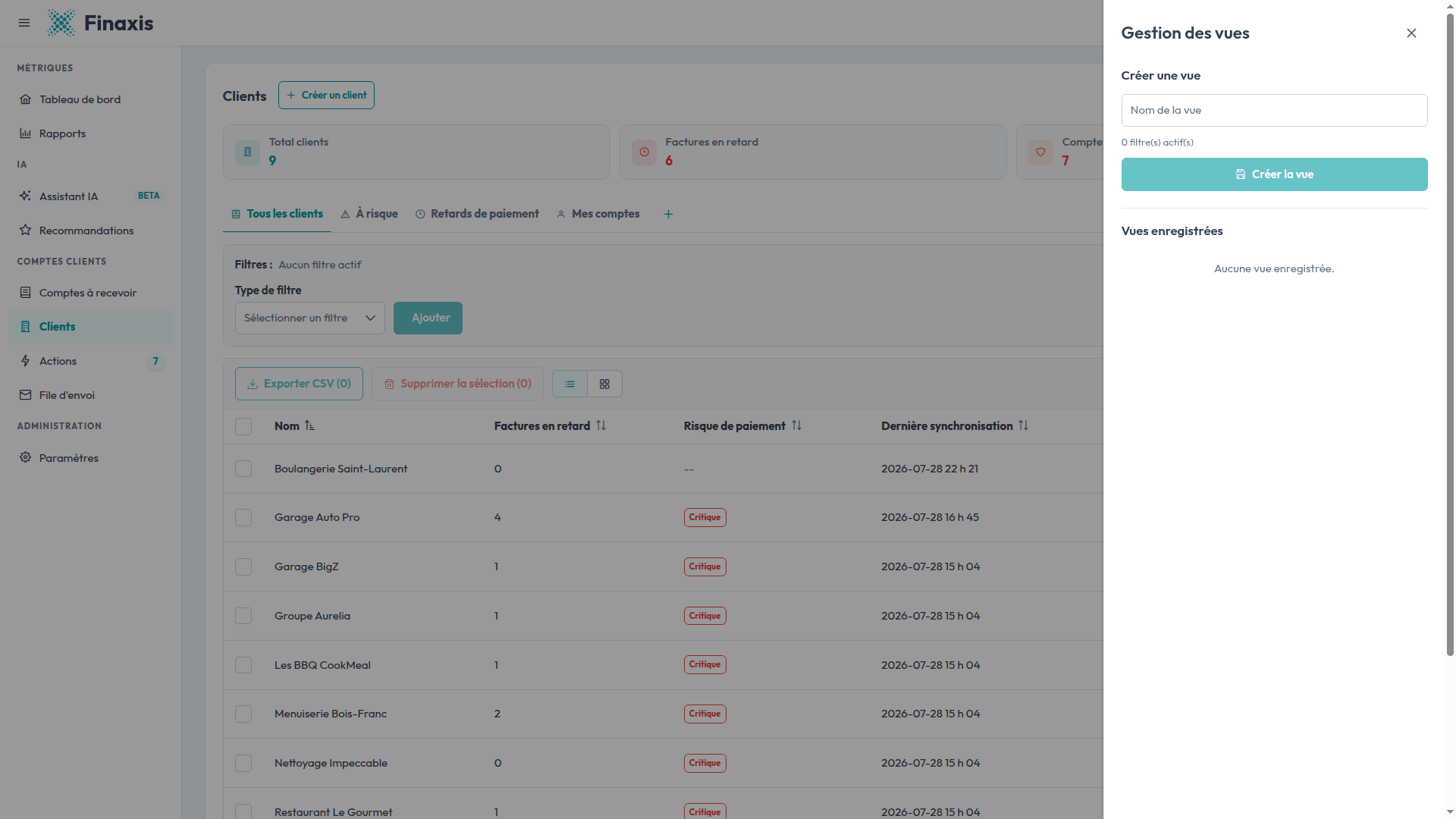 Le panneau Gestion des vues de la liste des clients Finaxis, avec le champ du nom de la vue, le nombre de filtres actifs et le bouton Créer la vue.