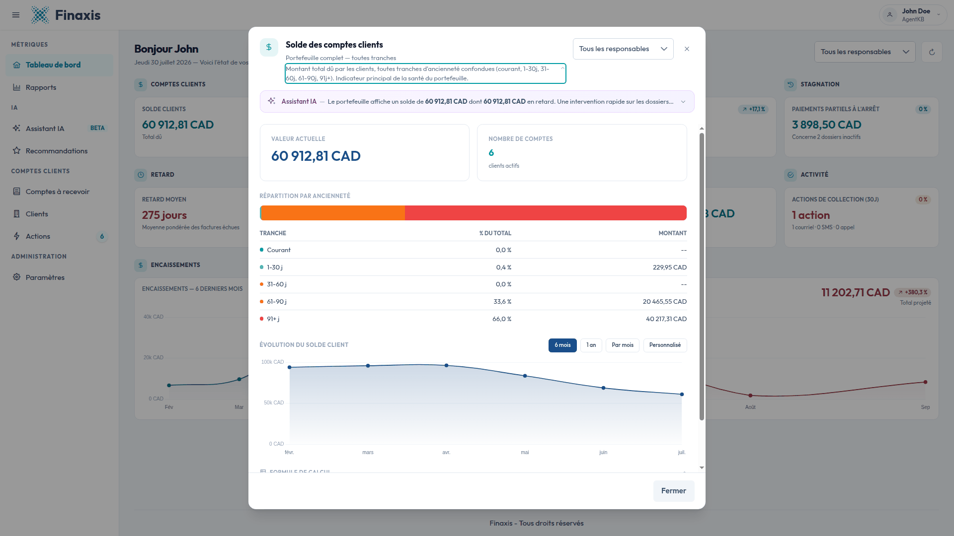 La fenêtre Solde des comptes clients avec le tableau de répartition par ancienneté et le graphique d'évolution du solde.