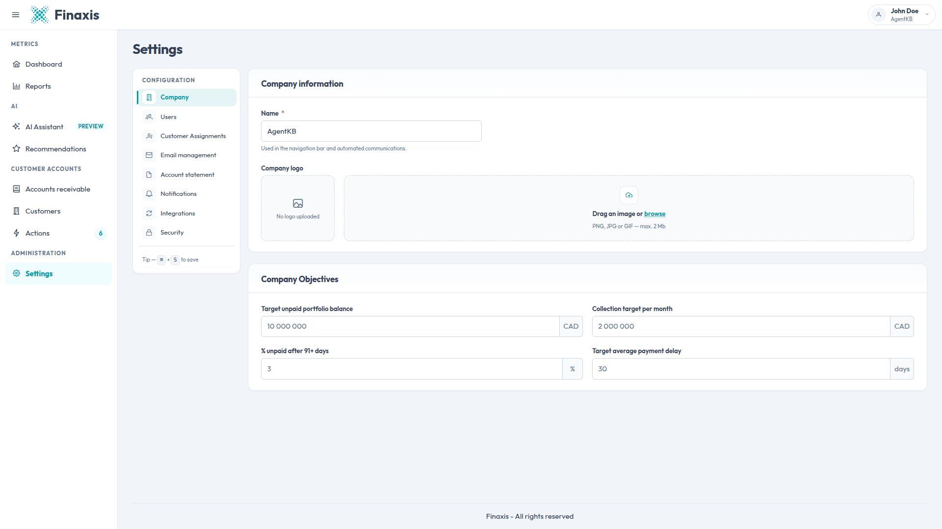The Company Objectives block in Settings, with fields for target portfolio balance, monthly collection target, percentage unpaid after 91 days, and target average payment delay.