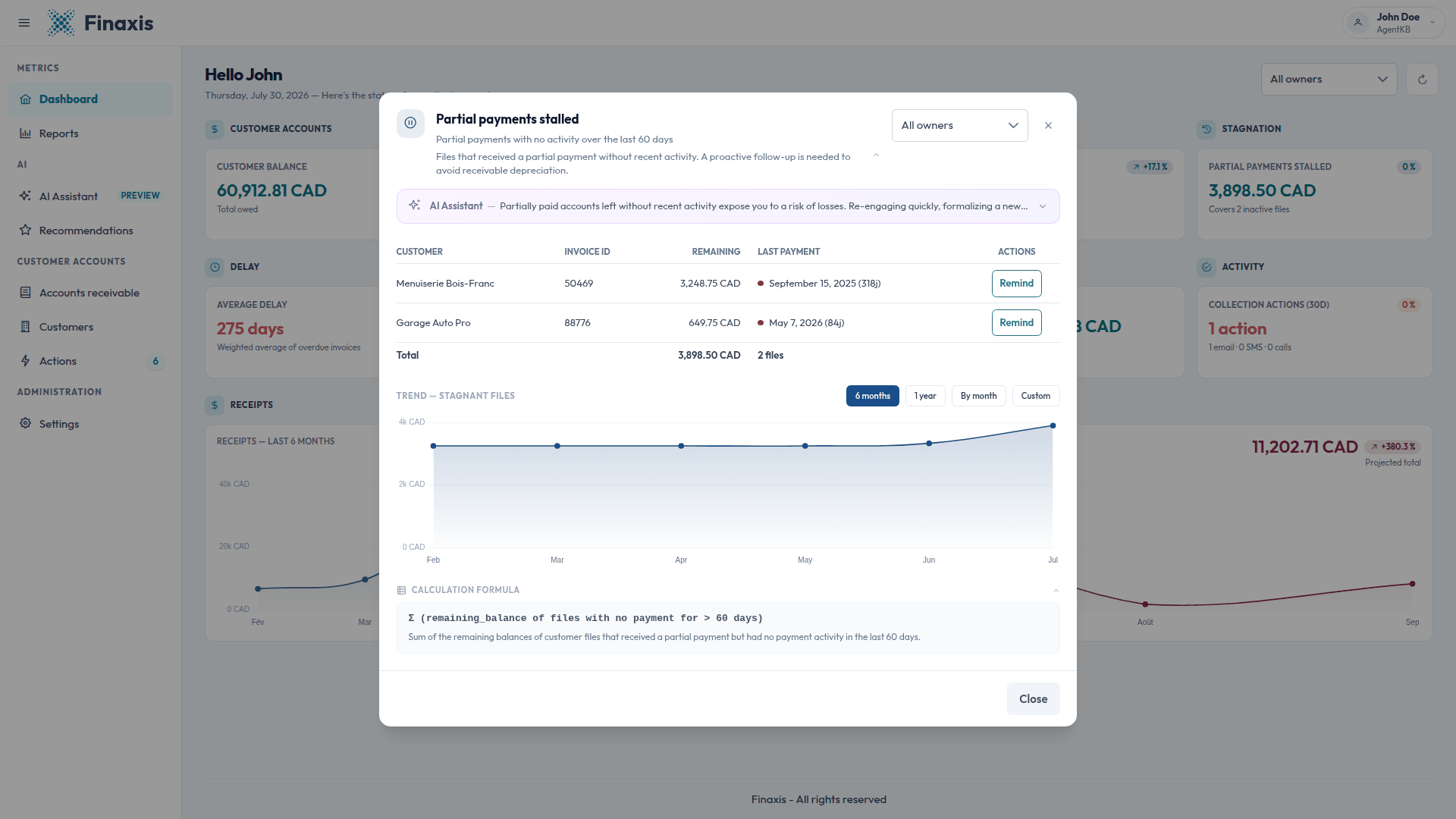 The Partial payments stalled window listing two files with a partial payment and no recent activity.