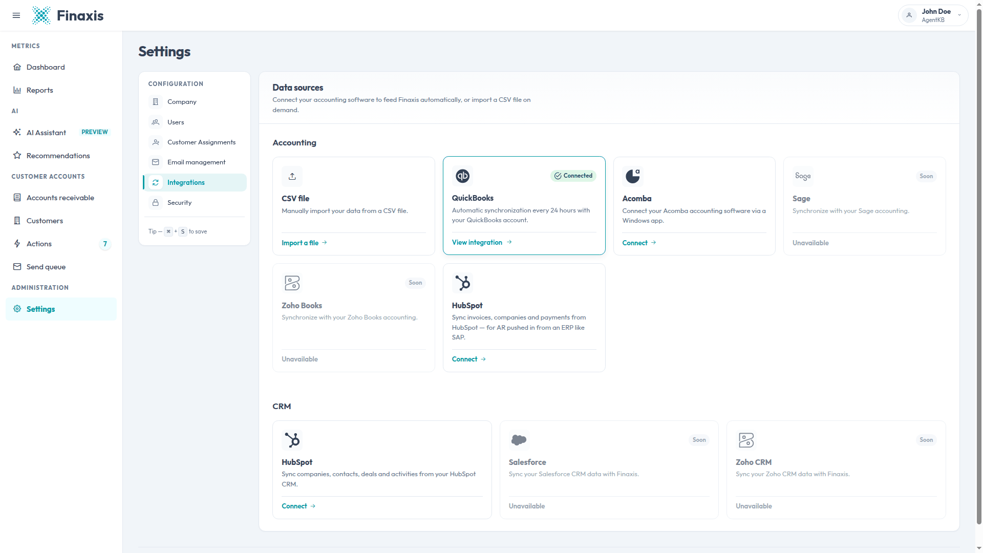 The Data sources page in Finaxis settings, with accounting integrations such as QuickBooks, Acomba, and CSV import.