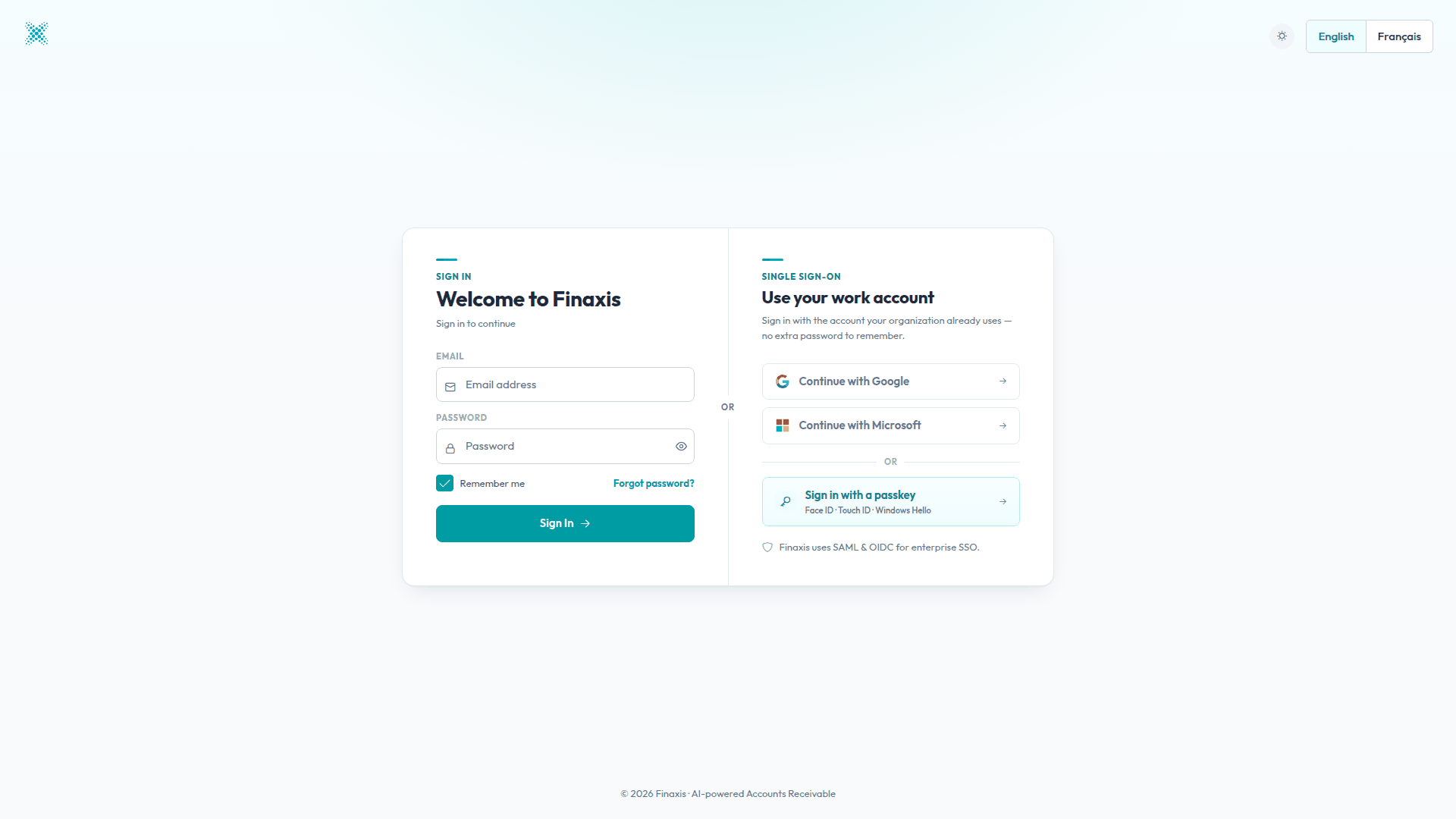 The Finaxis login page, with the email and password form on the left and the single sign-on options on the right.
