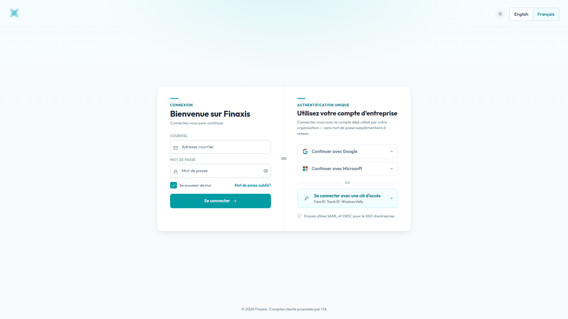 La page de connexion Finaxis, avec le formulaire courriel et mot de passe à gauche et les options d'authentification unique à droite.