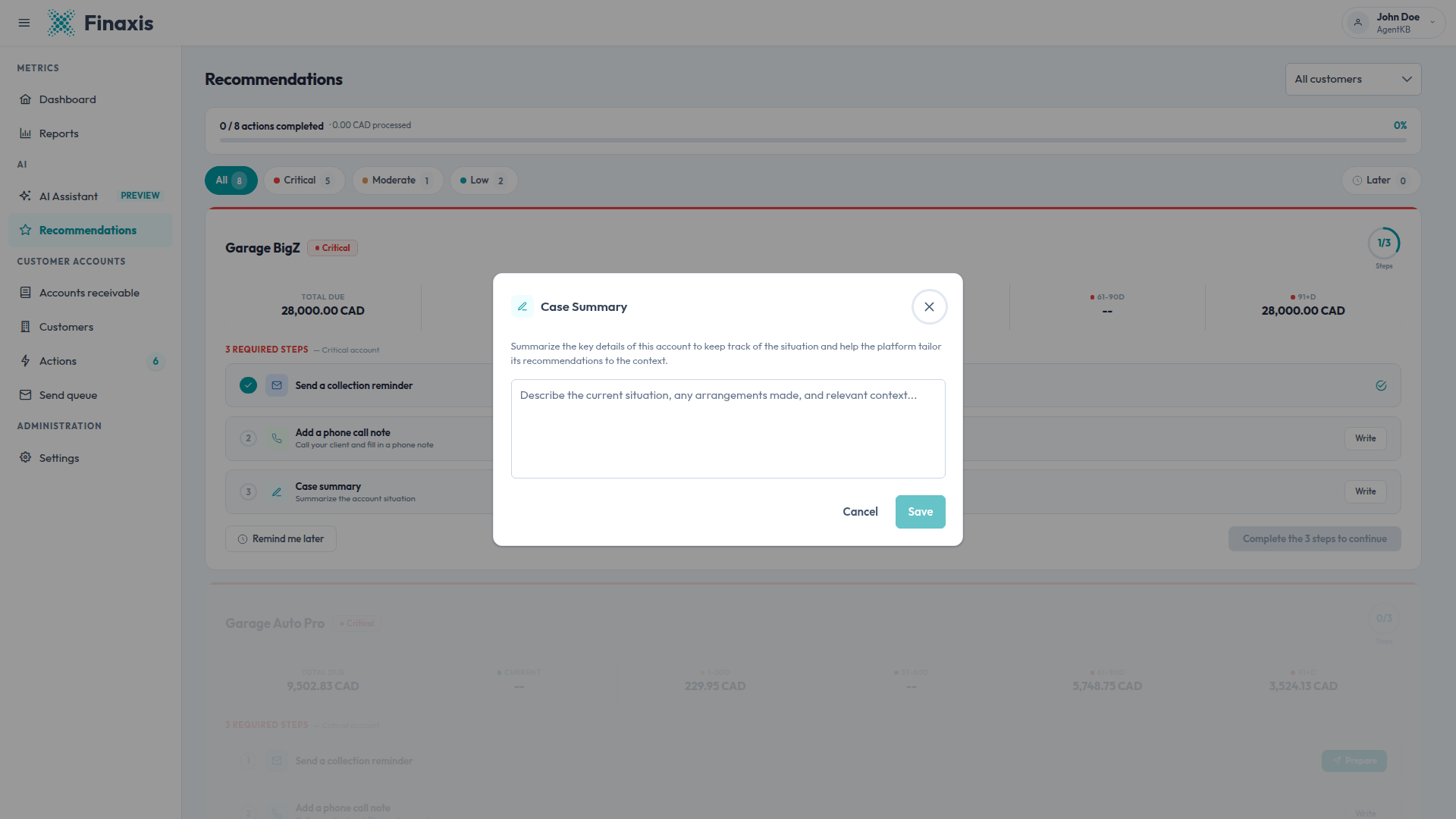 The case summary window in Finaxis, explaining that the summary keeps track of the account situation and helps the platform tailor its recommendations.