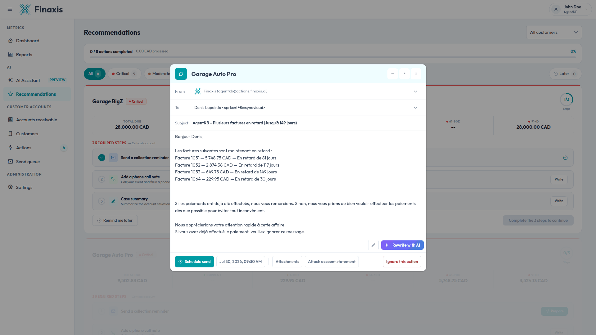 A collection reminder opened from a recommendation card in Finaxis, listing the customer's late invoices with the Schedule send and Rewrite with AI buttons.