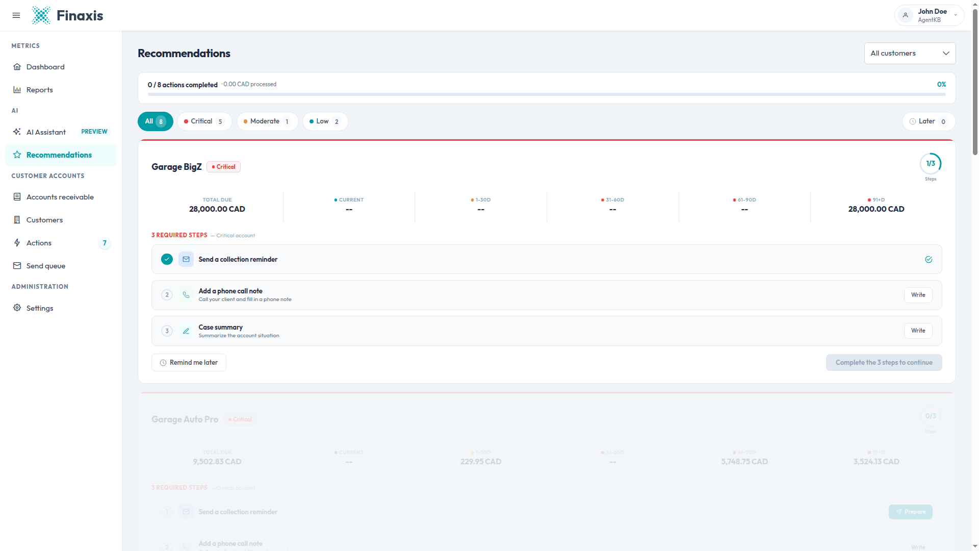 The Recommendations page in Finaxis, with the daily progress bar, the severity filter pills, and customer cards showing their aging breakdown and required steps.