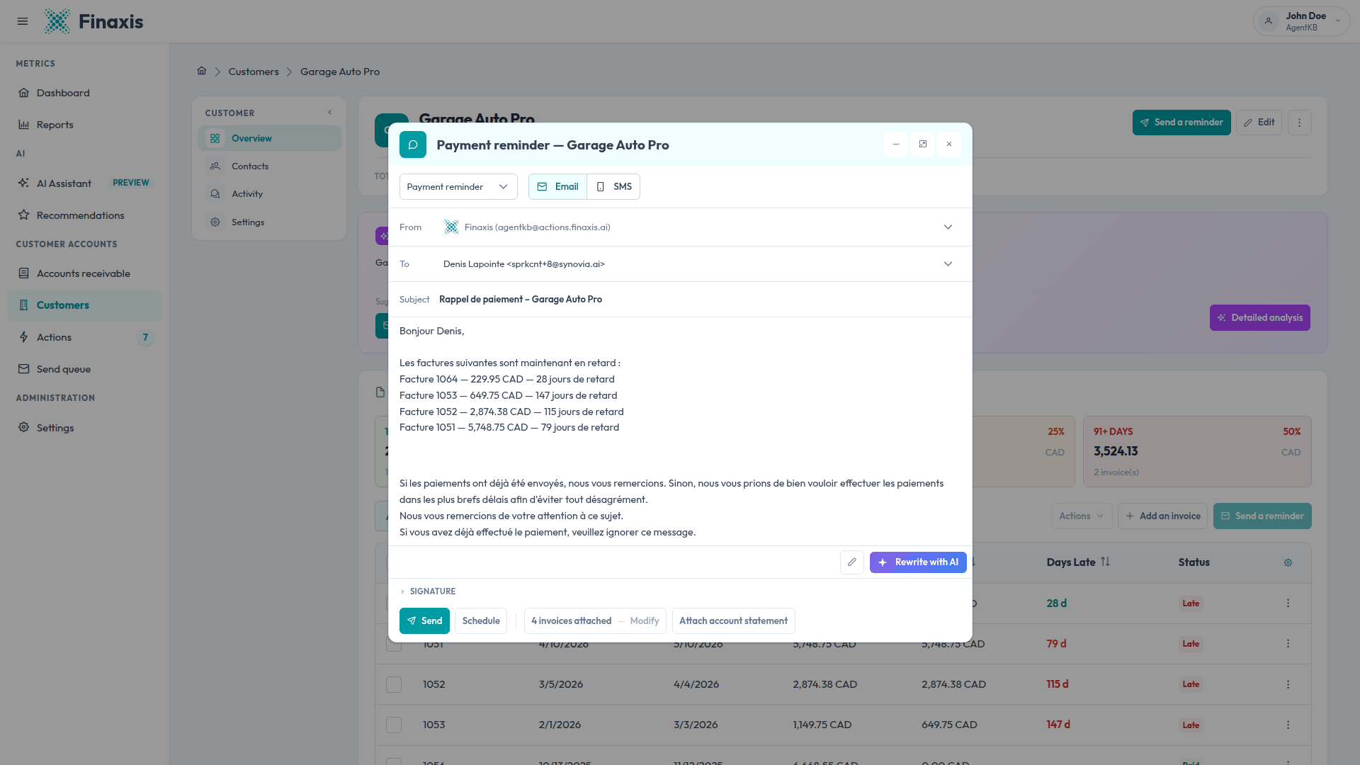 The reminder editor in Finaxis, with the channel toggle, sender and recipient fields, the prefilled message listing late invoices, the Rewrite with AI button, and the Send and Schedule buttons.