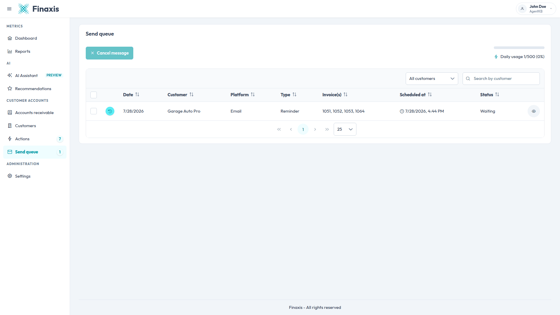 The Send queue page in Finaxis, with a reminder in Waiting status, its scheduled time, the attached invoices, and the Cancel message button.