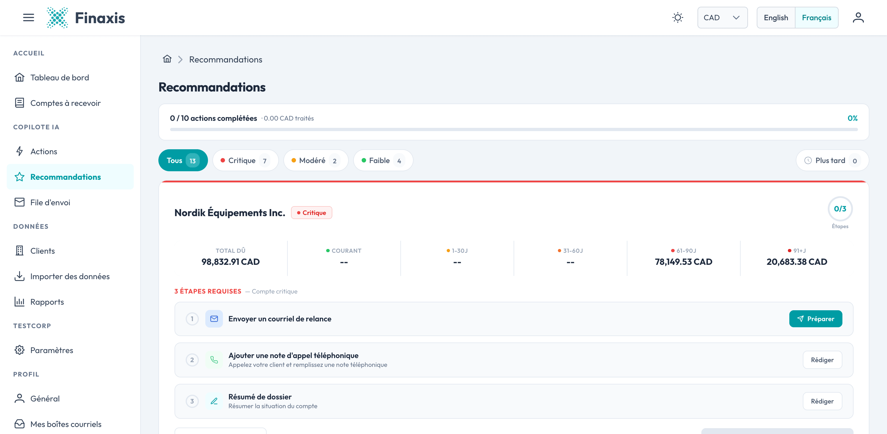 Finaxis AI Copilot — collection recommendations generated by AI, one-click execution with tone customization