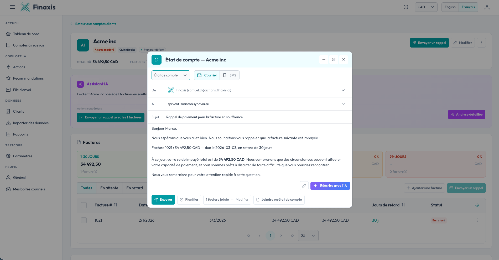 Finaxis AI drafting — collection emails automatically written with contextual invoice data