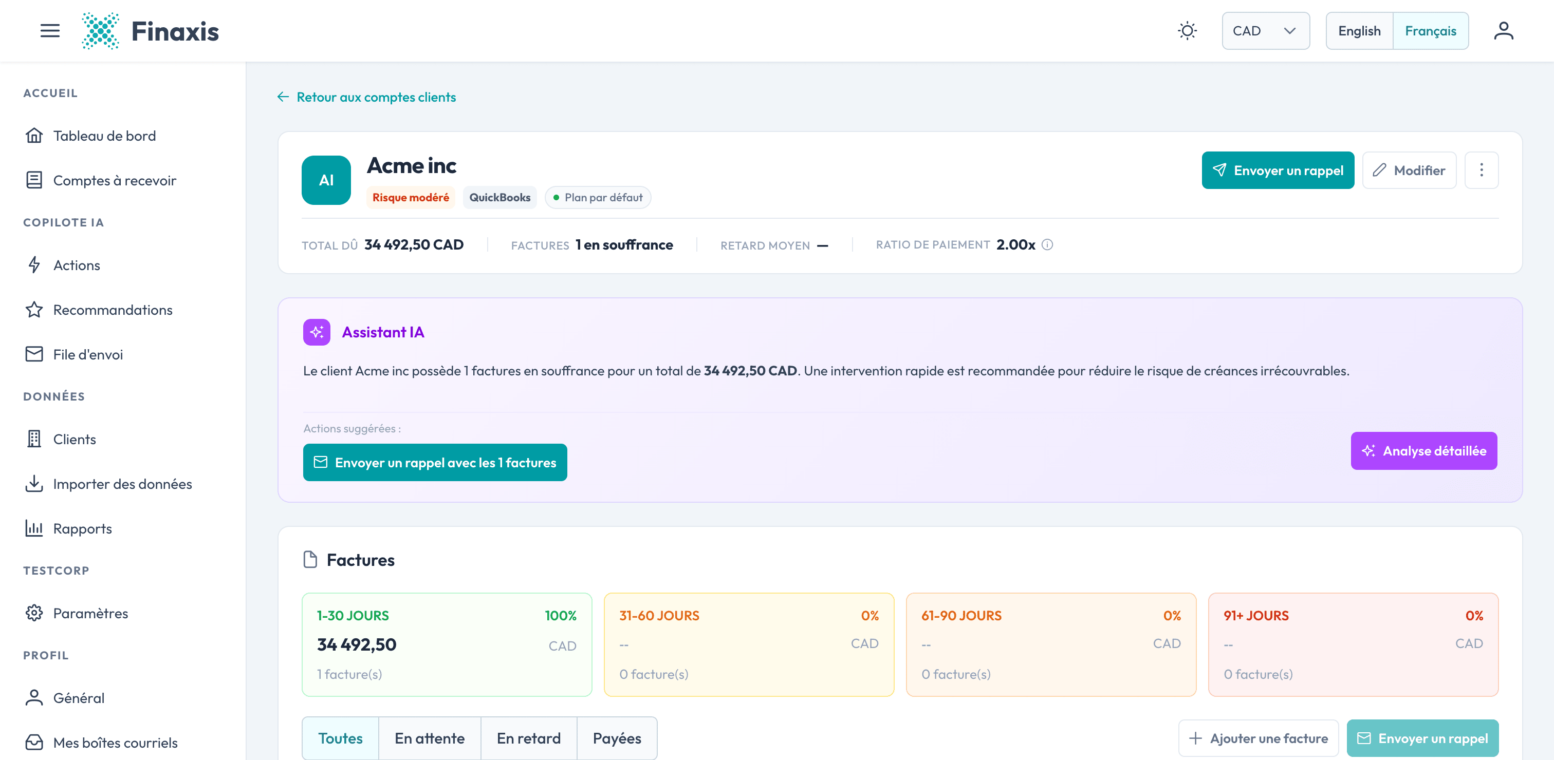 Finaxis client management — enriched profiles with risk score, payment history, and automatic sync